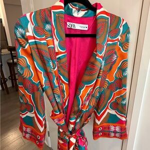 Zara Multicolor Floral Wrap Jacket - Orange, Teal, Pink, White